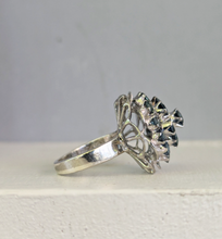 Load image into Gallery viewer, Vintage c1970s Australian parti sapphire flower cluster in silver.
