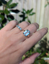 Load image into Gallery viewer, Serene bright pale blue aquamarine ring in 9ct yellow gold c1960s Birmighham
