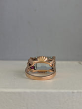 Load image into Gallery viewer, Retro c1940s Aquamarine and Ruby Tank ring by Crosby 14k Rose gold
