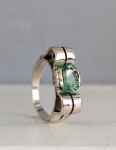 Load image into Gallery viewer, Wonderful handmade silver ribbon ring c1940s with mint tourmaline.
