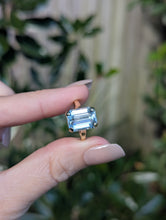 Load image into Gallery viewer, Serene bright pale blue aquamarine ring in 9ct yellow gold c1960s Birmighham
