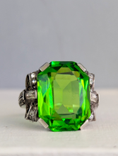 Load image into Gallery viewer, Neon Green Glass Bow ring in sterling silver c1930s
