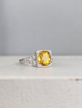 Load image into Gallery viewer, Natural bright yellow sapphire &amp; diamond Art Deco ring 18ct white gold
