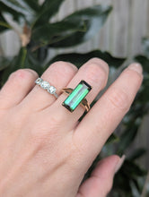 Load image into Gallery viewer, Sleek natural forest green &amp; teal tourmaline in 9ct yellow gold c1970s
