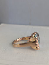 Load image into Gallery viewer, Retro c1940s Aquamarine and Ruby Tank ring by Crosby 14k Rose gold
