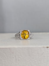 Load image into Gallery viewer, Natural bright yellow sapphire &amp; diamond Art Deco ring 18ct white gold
