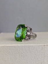 Load image into Gallery viewer, Neon Green Glass Bow ring in sterling silver c1930s
