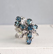 Load image into Gallery viewer, Bright Australian sapphire spray cocktail ring in silver c1970s
