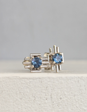 Load image into Gallery viewer, Brutalist Australian blue sapphire earrings c1970s 9ct white gold

