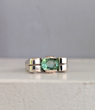 Load image into Gallery viewer, Wonderful handmade silver ribbon ring c1940s with mint tourmaline.
