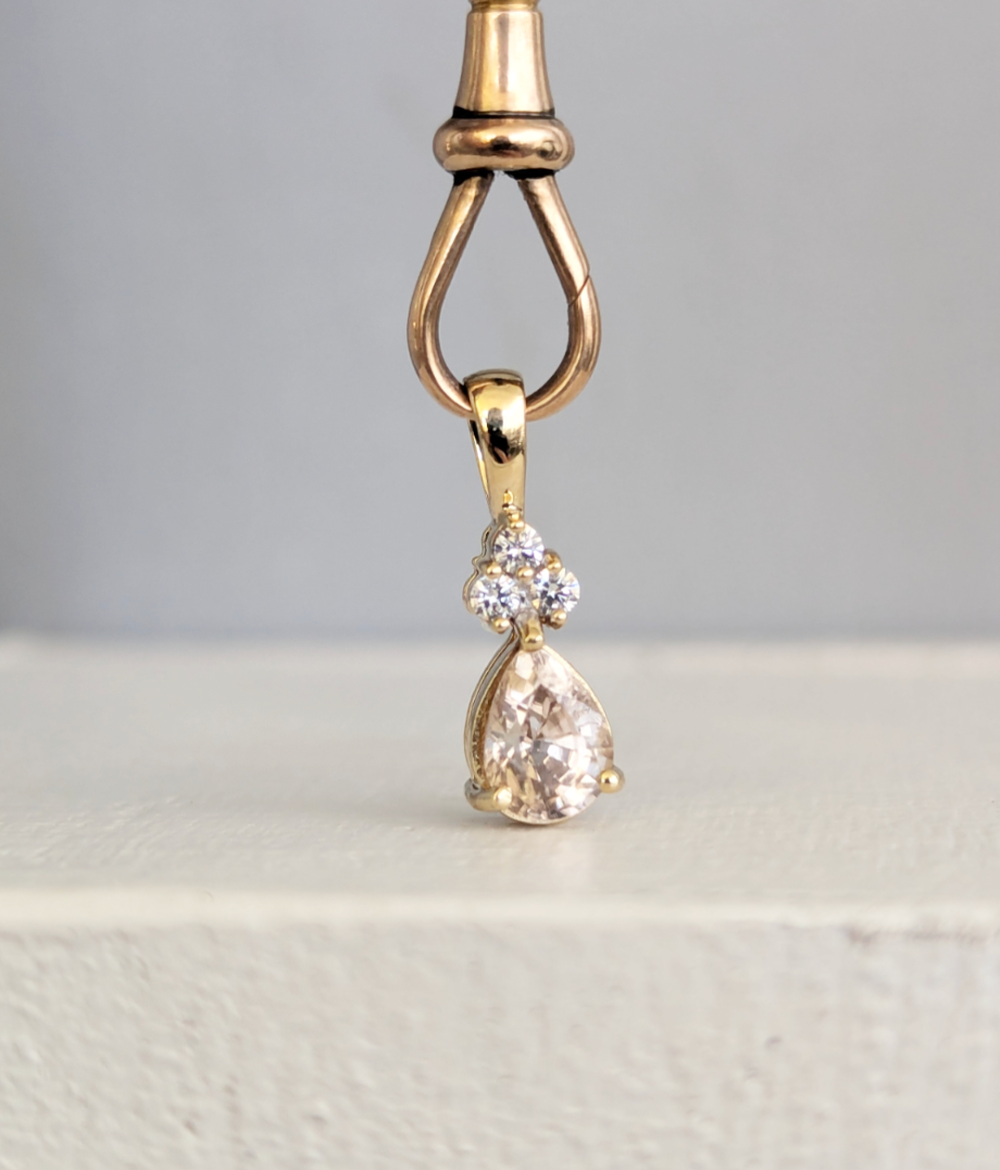 Pink Peony zircon drop pendant 9ct yellow gold