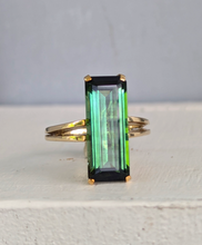 Load image into Gallery viewer, Sleek natural forest green &amp; teal tourmaline in 9ct yellow gold c1970s
