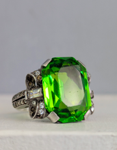 Load image into Gallery viewer, Neon Green Glass Bow ring in sterling silver c1930s
