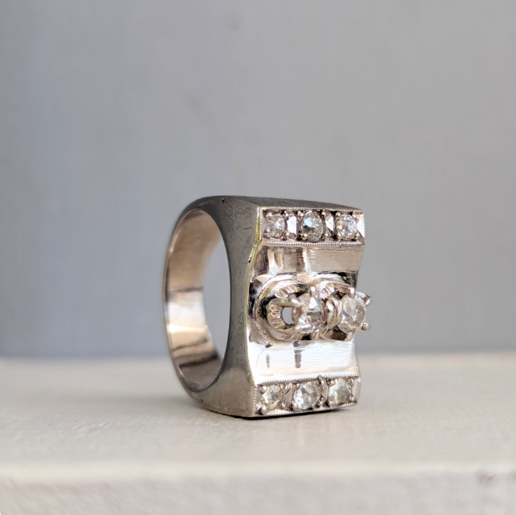 Old European diamond tank ring in 9ct white gold.