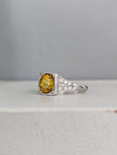 Load image into Gallery viewer, Natural bright yellow sapphire &amp; diamond Art Deco ring 18ct white gold
