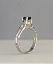 Load image into Gallery viewer, Brilliant blue Australian sapphire in an high artful 9ct white gold ring
