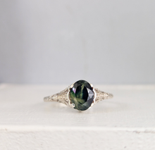 Load image into Gallery viewer, Vintage Parti sapphire in silver filigree ring
