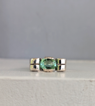 Load image into Gallery viewer, Wonderful handmade silver ribbon ring c1940s with mint tourmaline.
