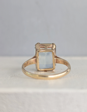 Load image into Gallery viewer, Serene bright pale blue aquamarine ring in 9ct yellow gold c1960s Birmighham
