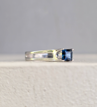 Load image into Gallery viewer, Brilliant blue Australian sapphire in an high artful 9ct white gold ring
