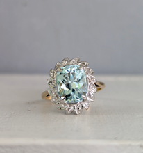 Load image into Gallery viewer, Aquamarine and diamond cluster halo c1990s in 9ct yellow and white gold
