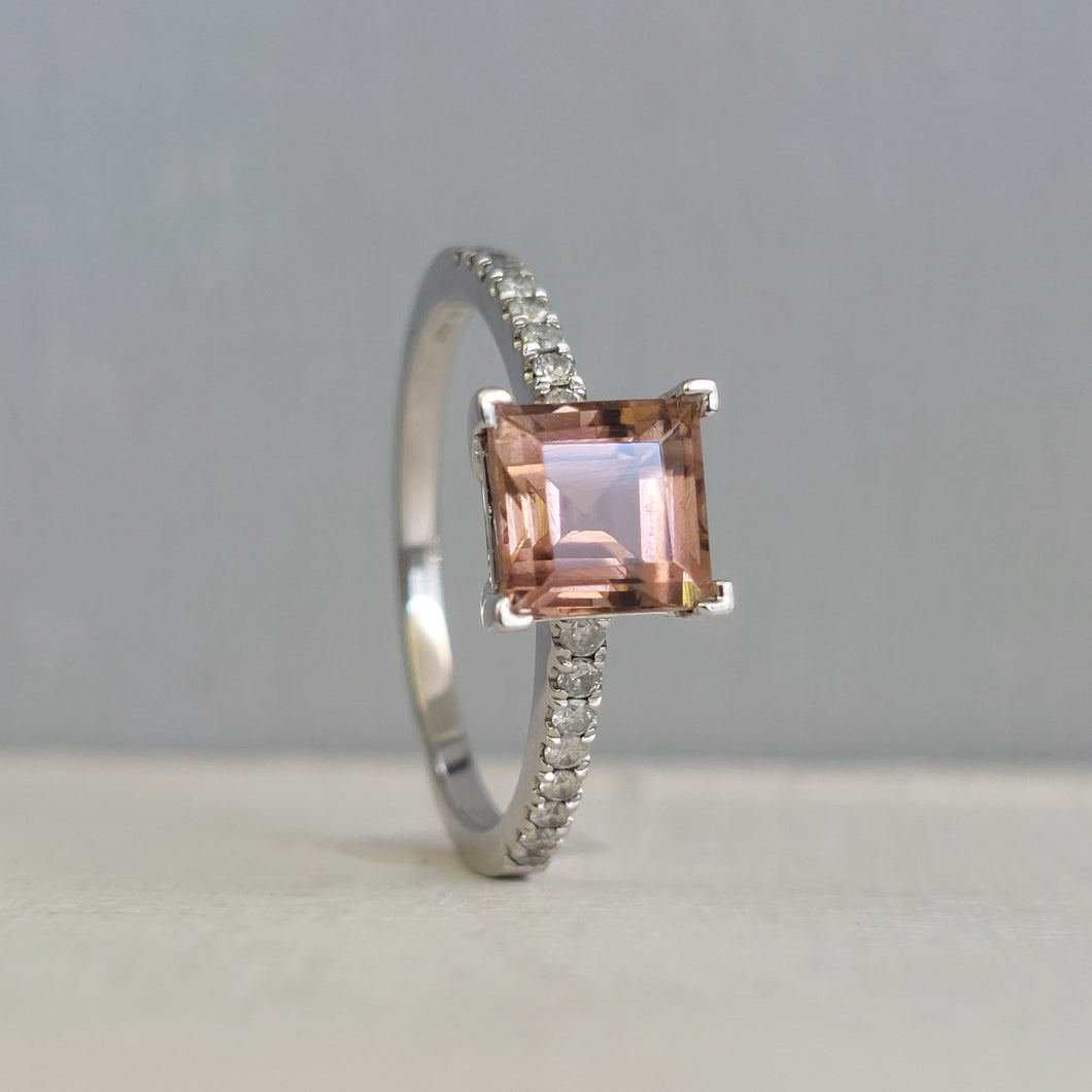 Soft pink tourmaline and diamond 9ct white gold ring