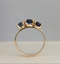 Load image into Gallery viewer, Striking natural blue sapphire trilogy in rosey 9ct yellow gold
