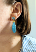 Load image into Gallery viewer, Opulent vintage hand carved Aquamarine drop earrings 10ct gold
