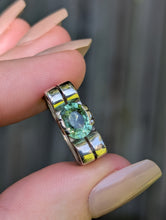Load image into Gallery viewer, Wonderful handmade silver ribbon ring c1940s with mint tourmaline.
