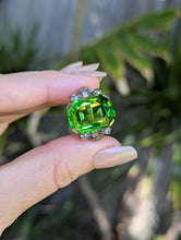 Load image into Gallery viewer, Neon Green Glass Bow ring in sterling silver c1930s
