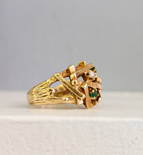 Load image into Gallery viewer, Brutalist c1970 diamond and emerald ring in 14ct yellow gold.
