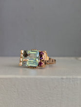 Load image into Gallery viewer, Retro c1940s Aquamarine and Ruby Tank ring by Crosby 14k Rose gold
