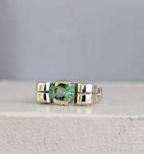 Load image into Gallery viewer, Wonderful handmade silver ribbon ring c1940s with mint tourmaline.
