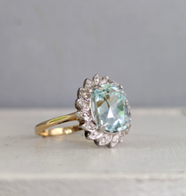 Load image into Gallery viewer, Aquamarine and diamond cluster halo c1990s in 9ct yellow and white gold
