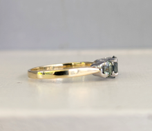 Load image into Gallery viewer, Green parti sapphire trilogy in 9ct yellow and white gold.
