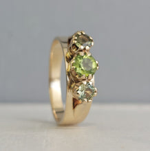 Load image into Gallery viewer, Mixed green sapphire trilogy 9ct wide band
