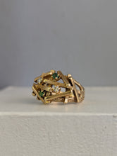 Load image into Gallery viewer, Brutalist c1970 diamond and emerald ring in 14ct yellow gold.
